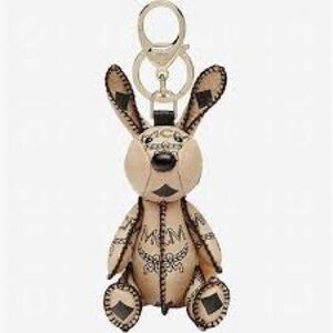 NIB MCM RARE❗️Bag Charm/ Keychain Leather Bunny Rabbit Logo Ecru & Black + Box